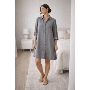 J.Jill Gray 100% Linen Shirt Dress Button Front Long Sleeve Size Large Coastal